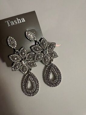 Tasha Silver Floral Crystal Teardrop Dangle Earrings